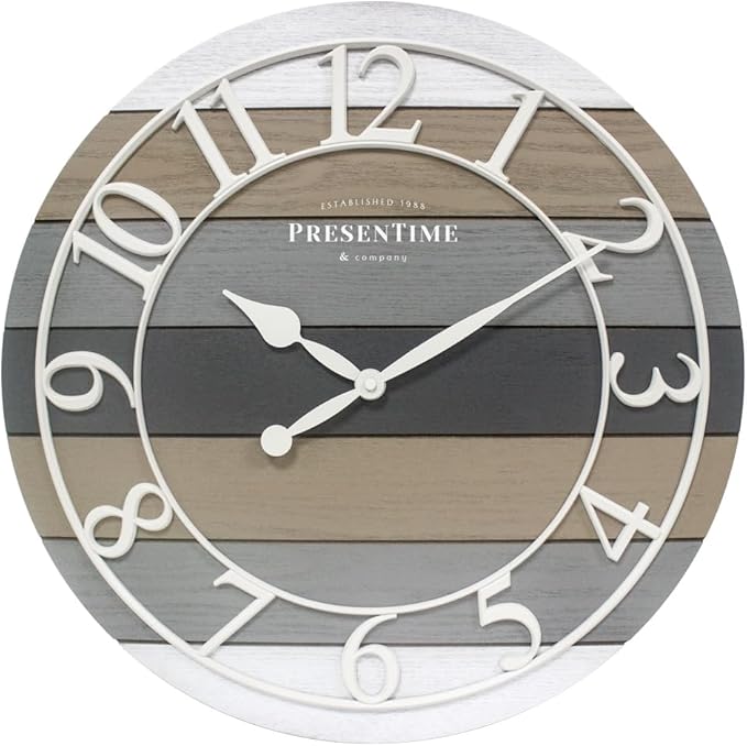 Presentime & Co Modern Farmhouse Shiplap Clock, 19.5 inch, White Arabic Numerals with Multicolor Woodgrain Shiplap Style. Large Farmhouse Decor for Living Room, Entryway, Home Office. Wall Décor