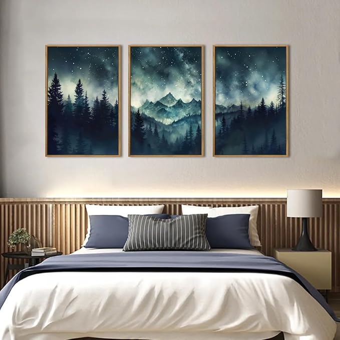Large Misty Forest Mountain Wall Art Framed Dark Starry Sky Wall Decor Modern Wilderness Art Print for Living Room Bedroom Office 16x24 Inch Set of 3