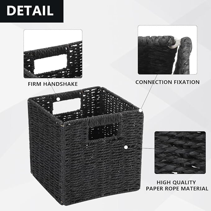 6 Pack 8.7 Inch Wicker Baskets, Hand Woven Paper Rope Storage Baskets, Foldable Cube Storage Bins Organizer Square Wicker Cubes for Shelves Pantry Organizing & Decor (Black)
