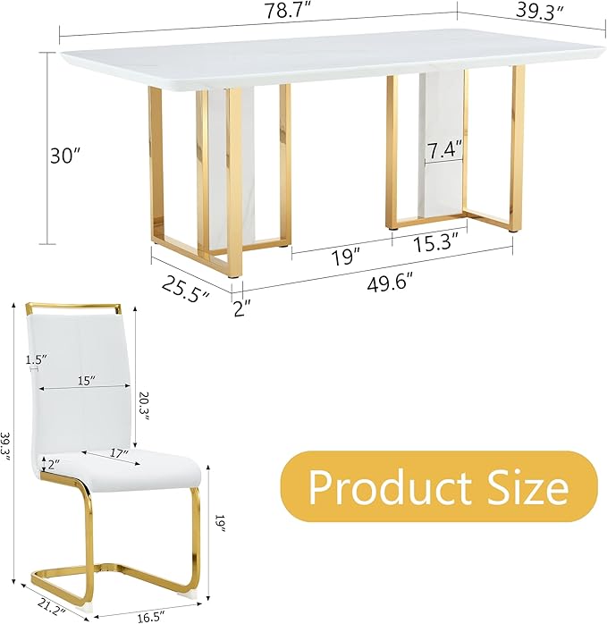 79-inch Modern Dining Table Set for 8 with 1.8 Inch Faux Marble Table Top & 8 PU Leather Chairs, White Luxury Kitchen and Dining Room Furniture Set