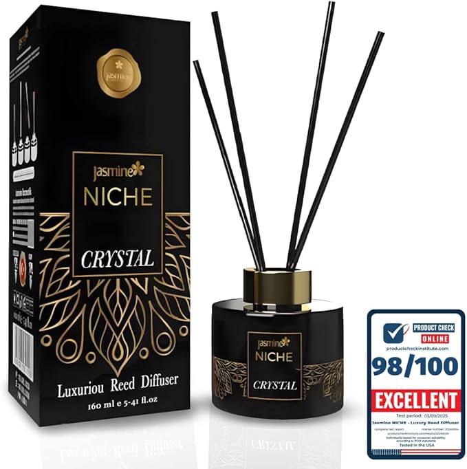 Luxury Jasmine NICHE Reed Diffuser Set 5.41 fl oz Long Lasting Home Fragrance Aromatherapy Diffuser with 6 Sticks Black Gold Bottle for Bedroom Bathroom Living Room Office Home Décor (Crystal)