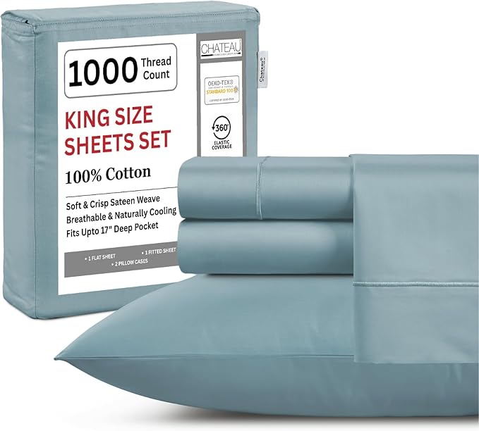 100% Cotton Sheets For King Size Bed, Certified 1000 TC Deep Pocket King Sheet Set, Elasticated Sheet & Pillowcase Sets, No Pill & Shrink, Soft & Comfy Naturally Cool & Breathable- French Blue
