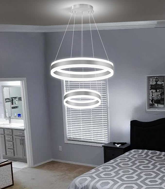 D7.8''+15.7'' Modern Ring Chandelier for Dining Room LED Dimmable Pendant Lighting for Living Room Foyer Bedroom Entryway 3000K-6000K Silver