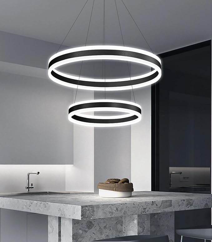D15.7''+23.6'' Modern Ring Chandelier for Dining Room LED Dimmable Pendant Lighting Chandelier for Living Room Foyer Bedroom Entryway 3000K-6000K Black