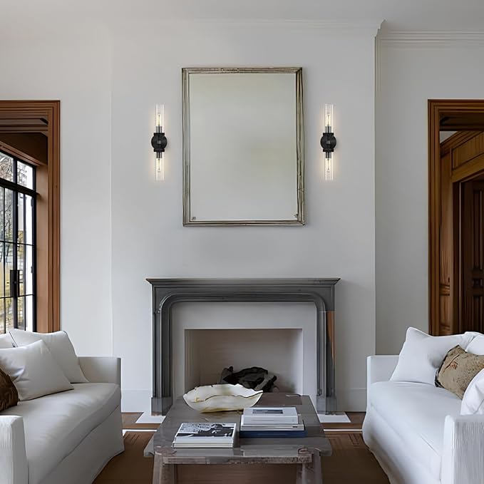 2-Light Black Knurled Wall Sconces, Glass Sconces Wall Lighting Indoor, Bathroom Vanity Light Sconces, Wall Lights for Living Room Bedroom Hallway Kitchen Bathroom Mirror, Including Bulb