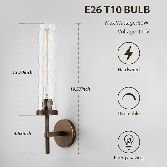 19.5" Knurled Brass Wall Sconces Set of 2, Bronze Bathroom Vanity Light Fixtures with Water Ripples Glass Tube, Modern Lamp Lighting for Bedroom, Living Room, Hallway, Staircase, Mirror, Kitchen