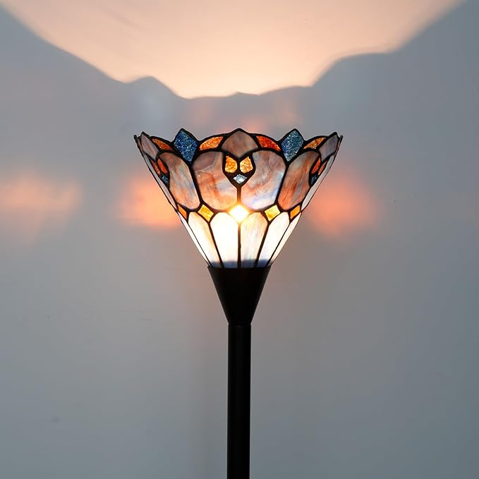 Tiffany Stained Glass Torchiere Floor Lamp Tiffany Style Standing Corner Light Antique Handcrafted Pole Floor Reading Uplight Lamp (Bulb Include)