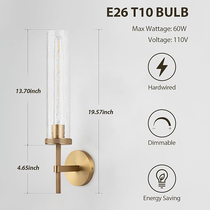 19.5" Knurled Brass Wall Sconce with Crackle Glass Tube, Gold Bathroom Vanity Light Fixtures, Modern Lamp Lighting for Bedroom, Living Room, Hallway, Staircase, Mirror, Kitchen