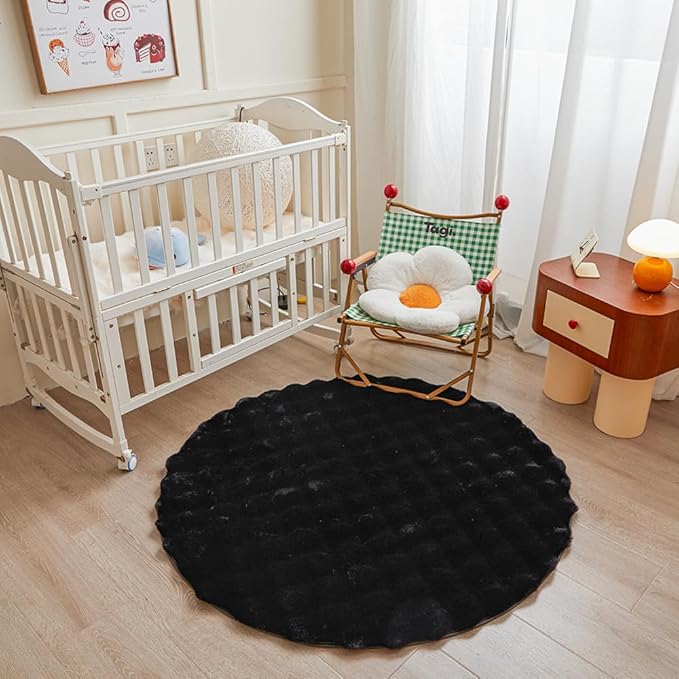 chovy Black Round Faux Fur Area Rug, 4'X4', Modern Style, Machine Made, Grid Pattern, 2 Inch Pile Height, Indoor Use Only