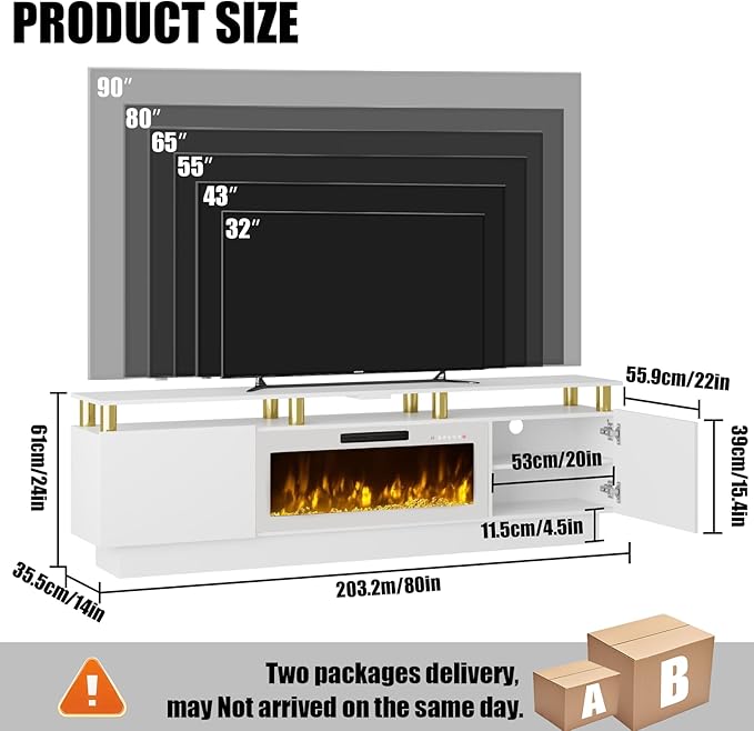 80" Modern Fireplace TV Stand with 36" Electric Fireplace for TVs Up to 90 inch, Luxury LED Light Entertainment Center with High Gloss Cabinet, White + Gold Posts with White Fireplace