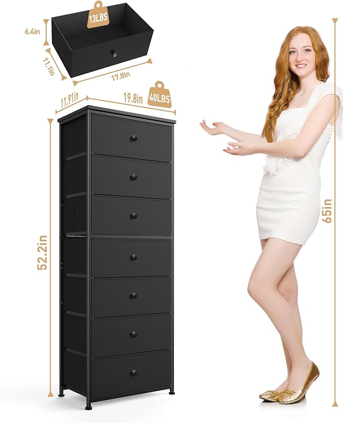 Tall Fabric Dresser for Bedroom, Vertical Storage Organizer Tower with 7 Drawers, Chest of Drawers with Bins, Steel Frame, Wood Top for Bedroom, Closet, Entryway Black