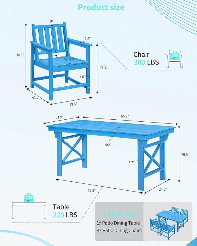 QUASCO 5-Piece Patio Table Set, Outdoor HDPE Dining Furniture Set with Umbrella Hole All Weather Table and 4 Chairs for Lawn, Garden, Poolside, Backyard, Blue