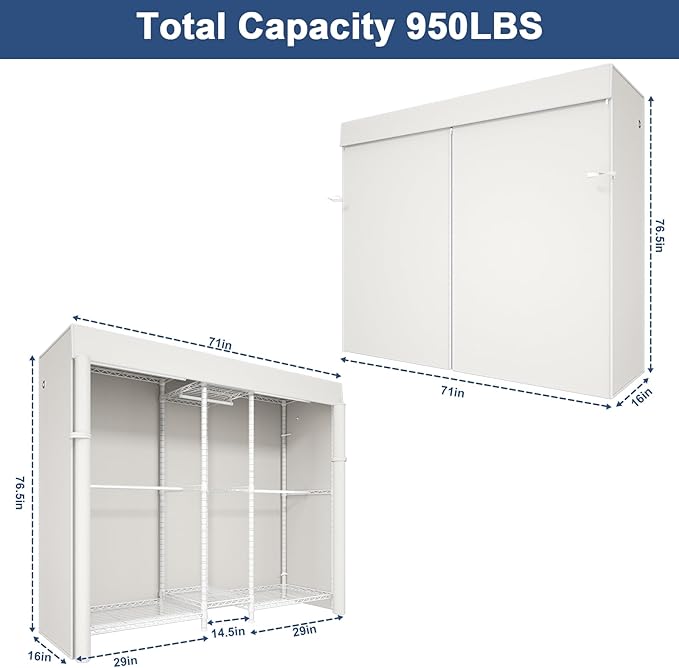 Ulif E12C Heavy Duty Closet Organizer System，Freestanding Clothing Racks for Hanging Clothes，Adjustable Garment Rack 71" W x 16" D x 76.5" H Hold 960 lbs，White Clothing Rack with White Dustproof Cover