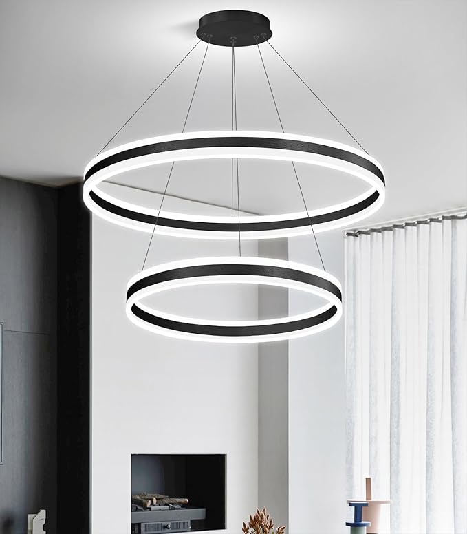 D23.6''+31.5'' Modern Ring Chandelier for Dining Room LED Dimmable Pendant Lighting High Ceiling Chandelier for Living Room Foyer Bedroom Entryway 3000K-6000K Black