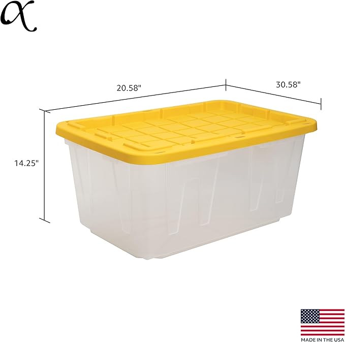 CX BLACK & YELLOW, 27-Gallon Heavy Duty Clear Storage Container & Snap-Tight Lid, Clear & Yellow (14.3"H x 20.6"W x 30.6"D), Weather-Resistant, Stackable, See-Through Organization Tote [4 Pack]
