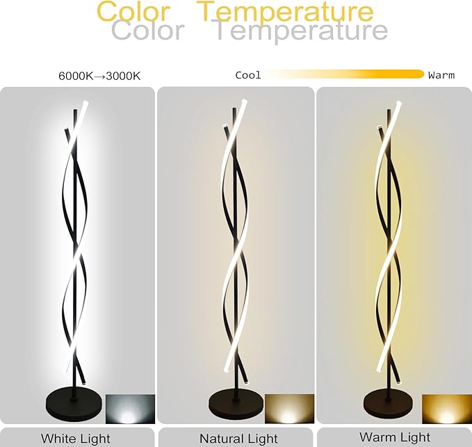 61" LED Floor Lamp for Living Room, 40W 3 Colors Stepless Dimmable and Color-Changing Bright Floor Standing Lamp,Unique Spiral Floor Tall Lamp for Bedroom Office with Remote (Black)