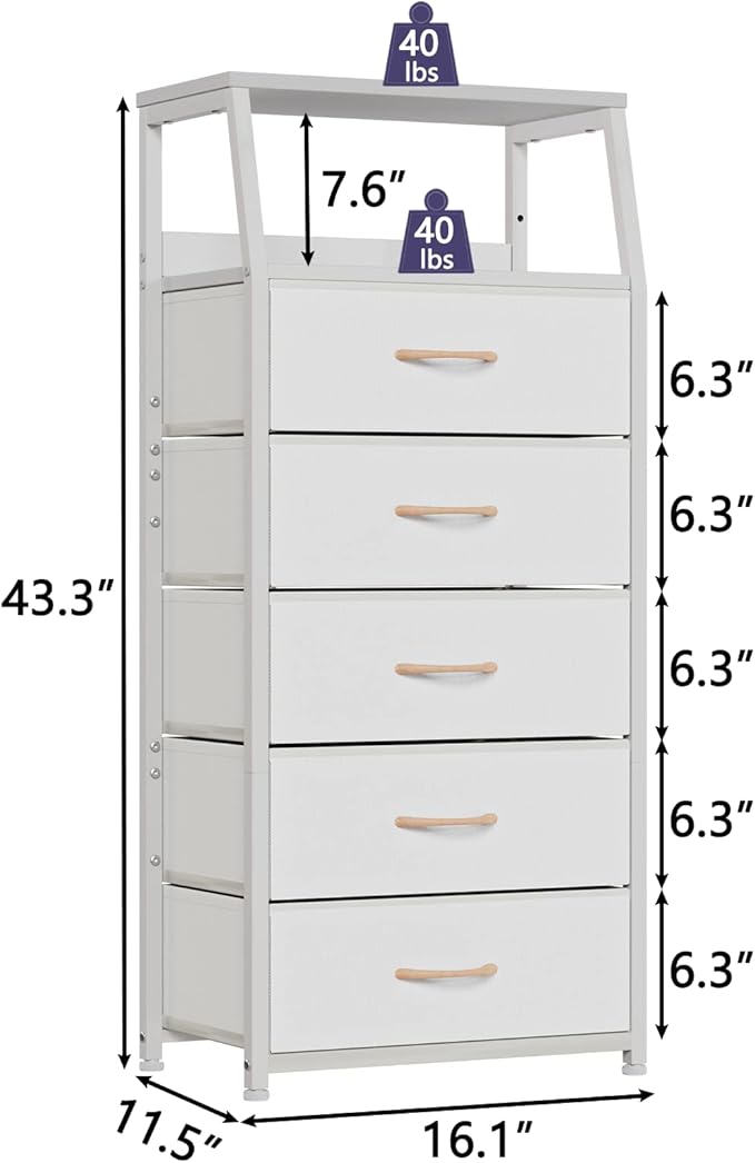 Furnulem White Dresser with 5 Drawers, Vertical Storage Tower Fabric Dresser for Bedroom, Hallway, Entryway, Nursery, Closet Organizer, Nightstand Bedside Table Furniture, Sturdy Steel Frame, Wood Top