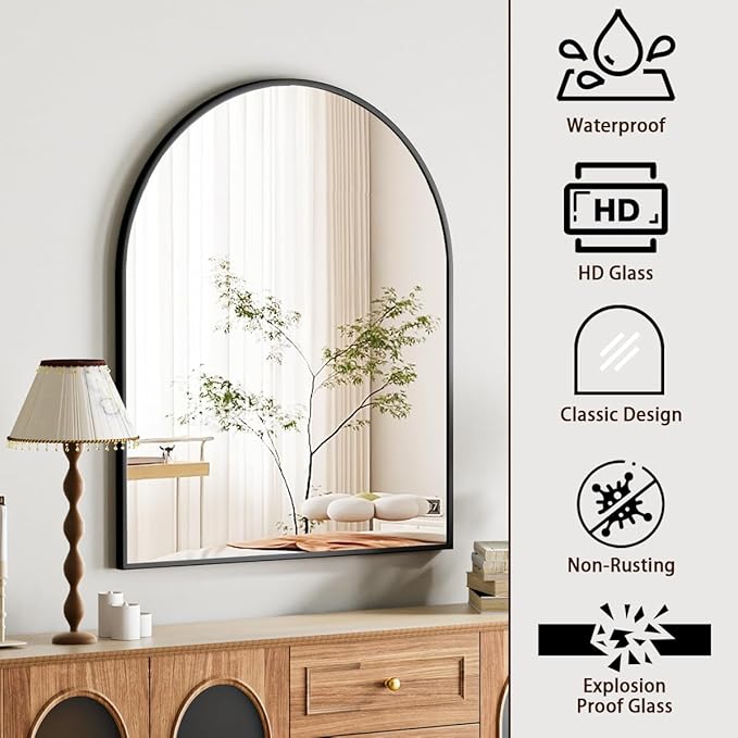 Arched Bathroom Mirror, 32x34 Inch - Wall Mounted Vanity Mirror with Aluminum Alloy Frame - Ideal for Living Room, Bedroom, Bathroom, and Entryway, Hanging or Leaning, Black