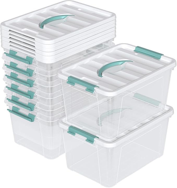 14 Quart Stackable Storage Bin with Latching Lid, Plastic Container Box to Organize Office, Crafts, Clear Base and White Lid, 8-Pack