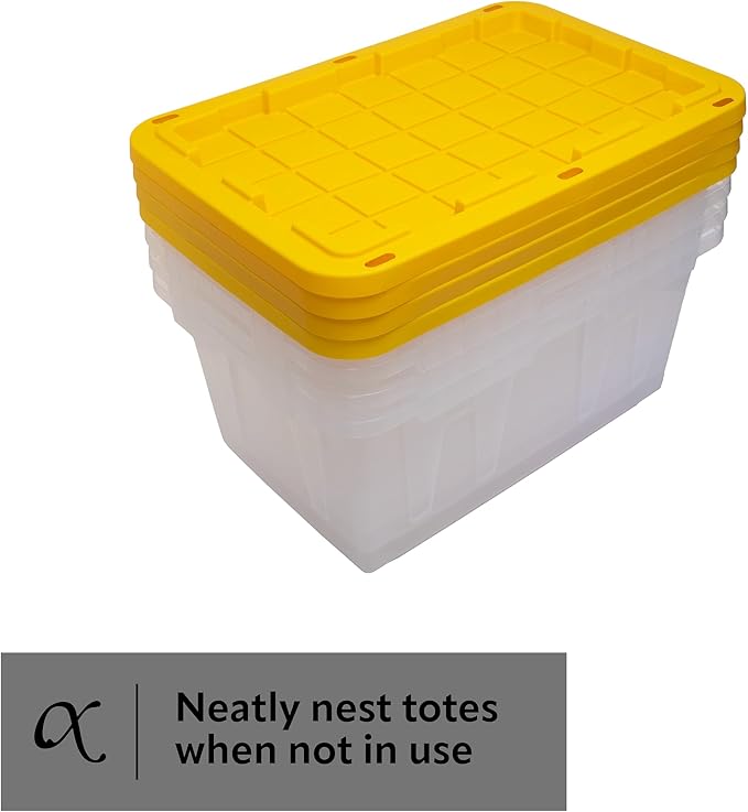 CX BLACK & YELLOW, 27-Gallon Heavy Duty Clear Storage Container & Snap-Tight Lid, Clear & Yellow (14.3"H x 20.6"W x 30.6"D), Weather-Resistant, Stackable, See-Through Organization Tote [2 Pack]