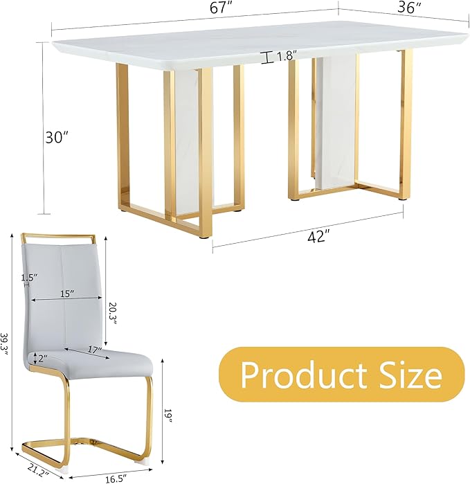 67-inch Modern Dining Table Set for 6 with 1.8 Inch Faux Marble Table Top & 6 PU Leather Chairs, White Luxury Kitchen and Dining Room Furniture Set