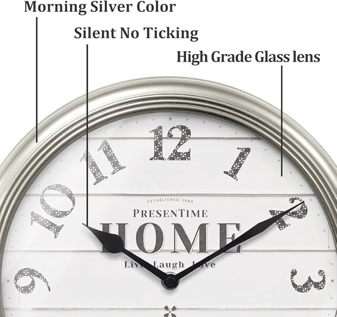 Presentime & Co. 12.6" Illuminated Farmhouse Wall Clock, Silent Battery Operated Night Light Wall Clock with Smart LED Sensor for Living Room, Bathroom, Kitchen, Home Office, Morning Silver