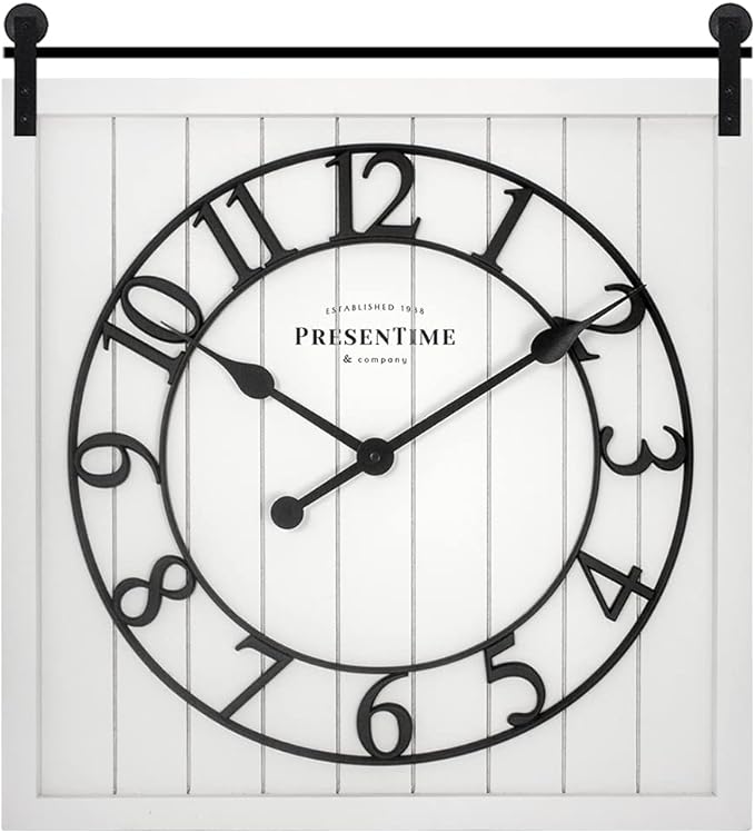 Presentime & Co Farmhouse Barn Door Clock, Shiplap Style, Cream White Color, Silent No Ticking, 3D Arabic Numeral, 23" H x 21" W. Home Decoration/Wall Decoration/Farmhouse Décor.