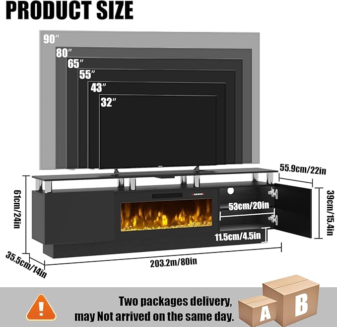 80" Modern Fireplace TV Stand with 36" Electric Fireplace for TVs Up to 90 inch, Luxury LED Light Entertainment Center with High Gloss Cabinet, TV Consoles for Living Room, Black