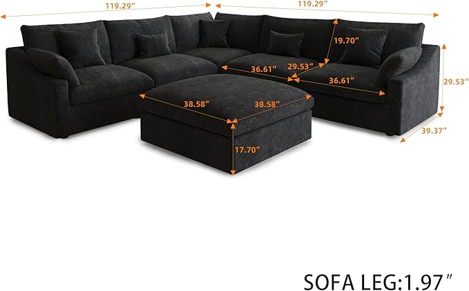 Modular Sectional Sofa Couch, 119.29" V Shaped Modular Couch with Storage Ottoman, Down Filled Convertible Sofa for Living Room, 6 Seat Wide Couches,Cushion Covers Removable,Black