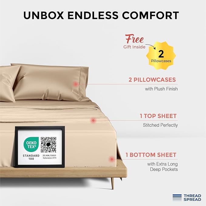 THREAD SPREAD 100% Egyptian Cotton Sheets Queen Size - 1200 Thread Count 4 PC Sheet Set Egyptian Cotton, Sateen Luxury Sheet Queen Size, Silky Soft Sateen Sheets, 17" Deep Pocket - Taupe