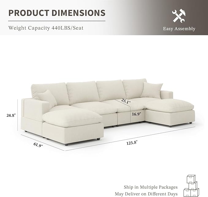 Cloud Couch Modular Sectional Sofa, 123.8" 6-Seater U Shaped Sectional Couches for Living Room, Convertible Cloud Sofa with Ottoman, Down Filled Wide & Deep Seat, Removable Washable Cushion Covers
