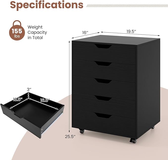 LOKO 5-Drawer Storage Cabinet, Versatile Drawer of Chest with Lockable Wheels, Mobile Office Lateral File Cabinet, for Home Office, Study (Black, 16" D x 19.5" W x 25.5" H)