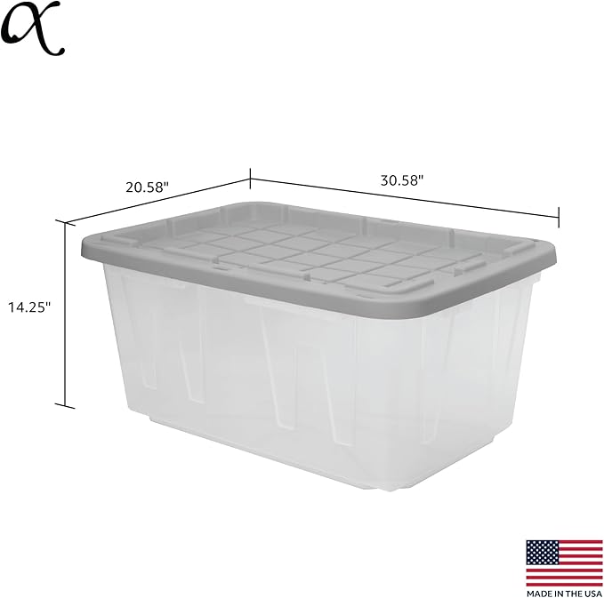 CX BLACK & YELLOW, 27-Gallon Heavy Duty Clear Storage Container & Snap-Tight Lid, Clear & Grey (14.3"H x 20.6"W x 30.6"D), Weather-Resistant, Stackable, See-Through Organization Tote [4 Pack]