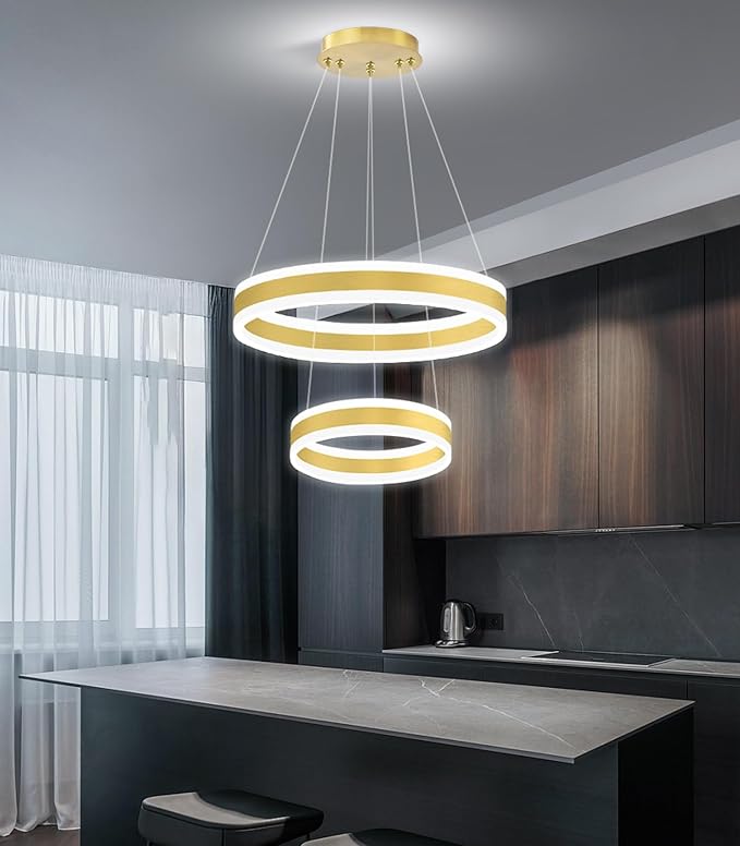 D7.8''+15.7'' Modern Ring Chandelier for Dining Room LED Dimmable Pendant Lighting for Living Room Foyer Bedroom Entryway 3000K-6000K Gold