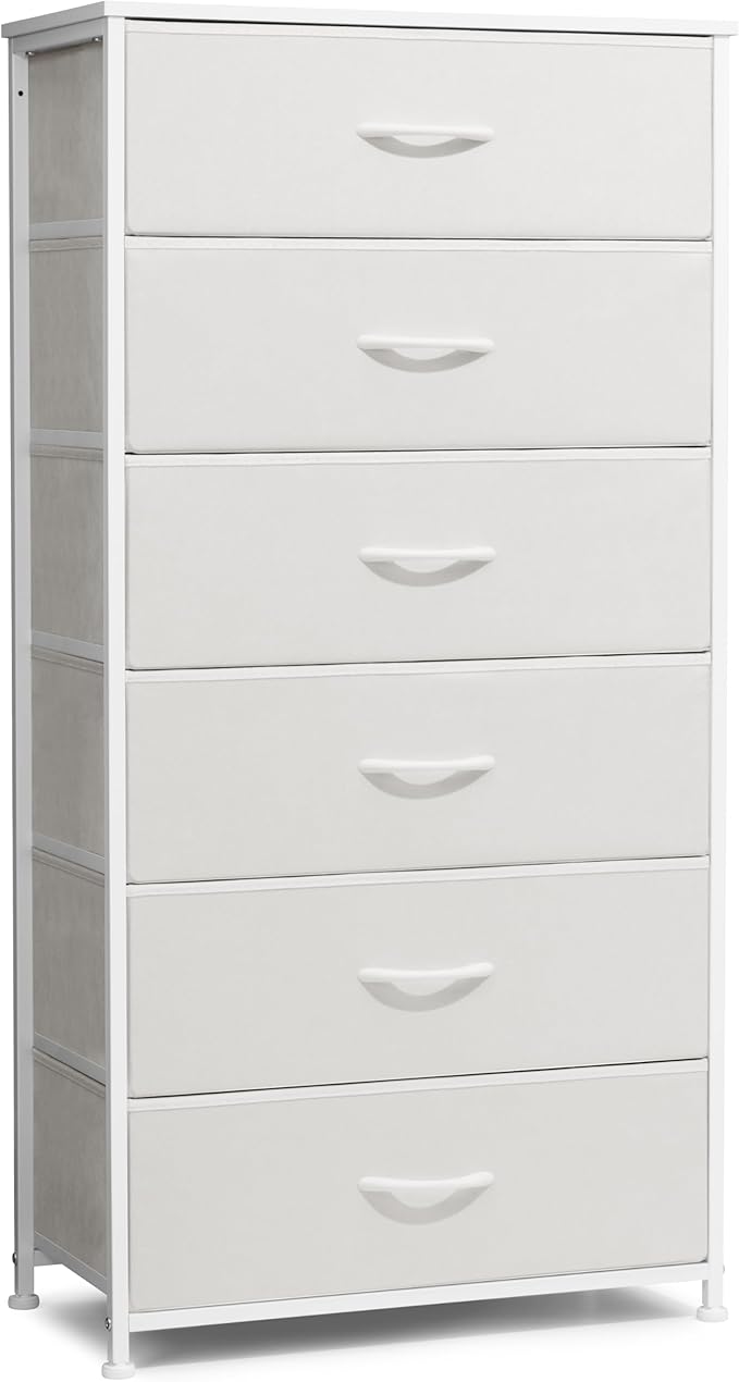Crestlive Products Dresser for Bedroom with 6 Drawers, Tall Chest of Drawers, White Dressers Bedroom Furniture, Storage Organizer Unit with Bins for Closet, Hallway, Living Room, Entryway