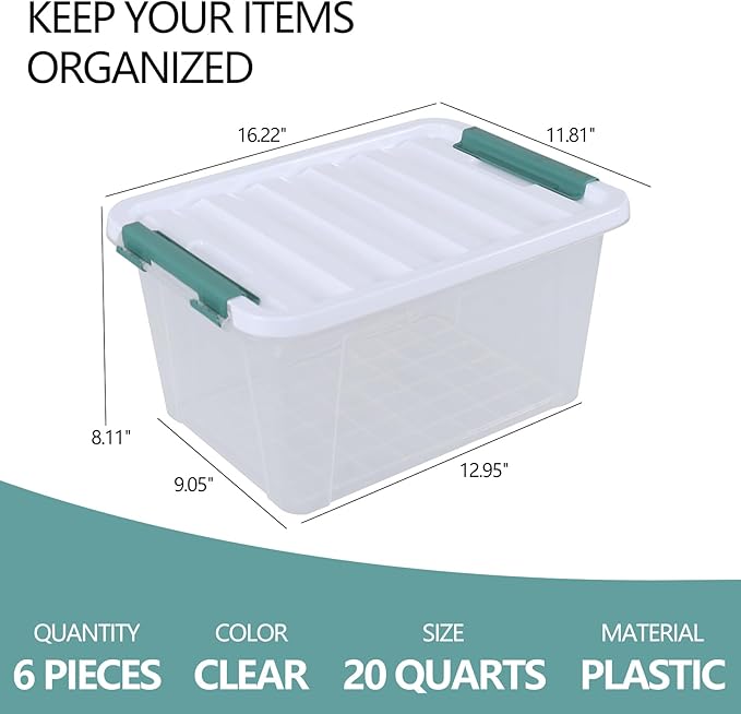 20 Quart Clear Storage Latch Box, Set of 6 Plastic Storage Containers with Lids