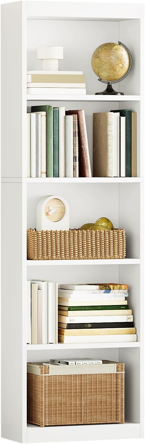 5-Tier Bookcase,Open Storage Shelf,Narrow Tall Book Shelf,Freestanding Display Storage Shelves Suitable for Home Office,Living Room and Bedroom,White