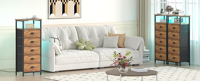 Nightstand with Charging Station,LED Night Stand with 5 Fabric Drawers, Bedside End Tables, 2-Tier Open Storage Shelf Side Table Nightstands with Drawers for Bedroom,Rustic Brown