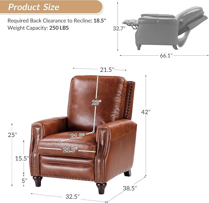 HULALA HOME Genuine Leather Recliner Chair Set of 2, Push Back Recliner Armchair with Thick Seat and Backrest(Saddle)