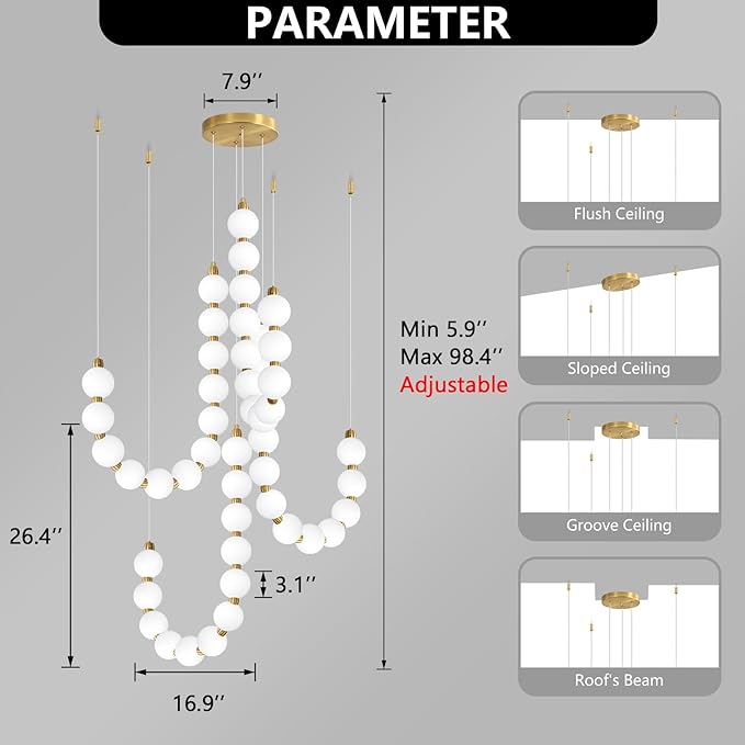 Modern Chandeliers LED Dimmable Light Acrylic Balls Ceiling Pendant Lighting for Living Room Dining Room Bedroom Adjustable Hanging Lights 90 Watts Gold Lamp