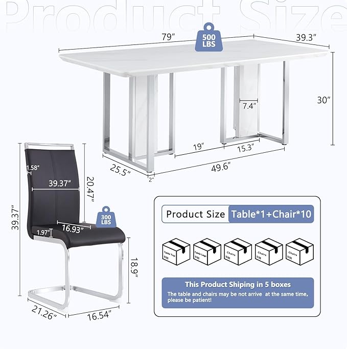 JUFU Dining Table Set for 10, 79'' Dining Table for 8-10 People with Faux Marble Tabletop and Sturdy Leg, White Rectangle Dining Room Table Set for 10 with PU Chairs, Perfect for Big Dining Room
