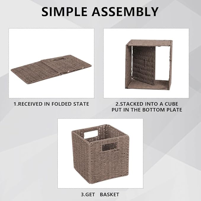 6 Pack 8.7 Inch Wicker Baskets, Hand Woven Paper Rope Storage Baskets, Foldable Cube Storage Bins Organizer Square Wicker Cubes for Shelves Pantry Organizing & Decor (Brown)