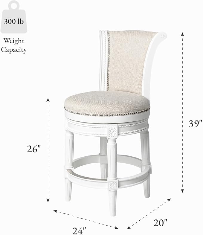 Maven Lane Pullman Counter Stool 26 Inches – Set of 4 – Swivel Stools with Footrest – White Solid Wood Frame & Natural Fabric Upholstery – Perfect for Kitchen Islands & Counters