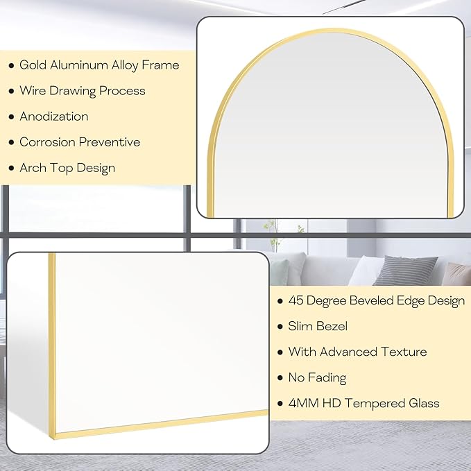 Arched Wall Mirror for Bathroom, 24"x36" Gold Mordern Metal Frame for Entryway Living Room Bedroom Wall Decor