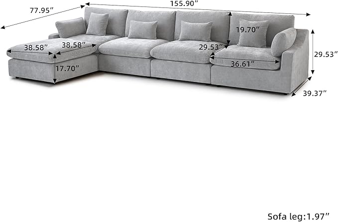 156" Cloud Couch Modular Sectional Sofa with Ottoman,L Shaped Down Filled Couch,Convertible Sofa,Cover Washable and Replaceable Couches for Living Room,Gray