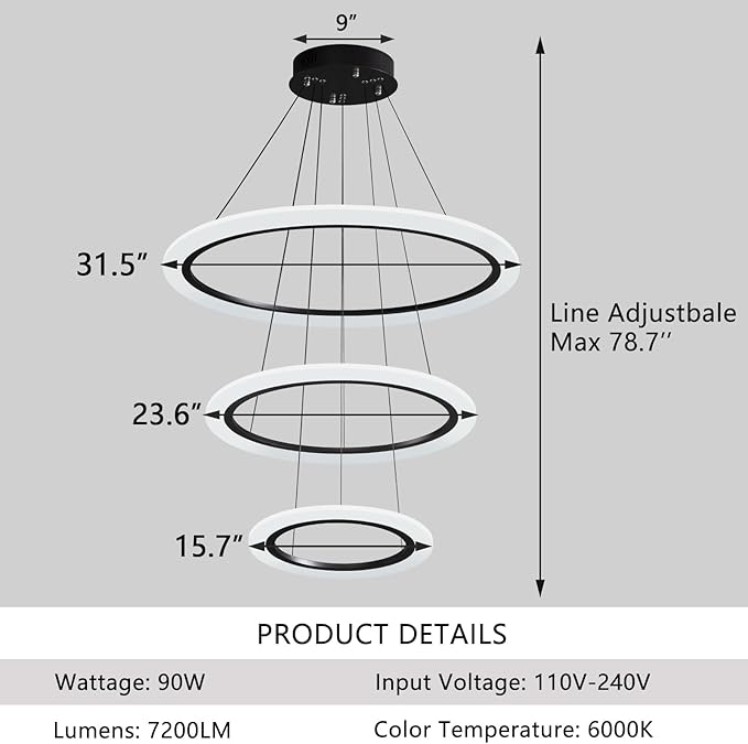 Modern LED Chandelier, 3 Ring Chandelier for Dining Room Living Room Pendant Lighting Fixture High Ceiling Hanging LED Pendant Ceiling Light Fixture for Bedroom Foyer （Black）