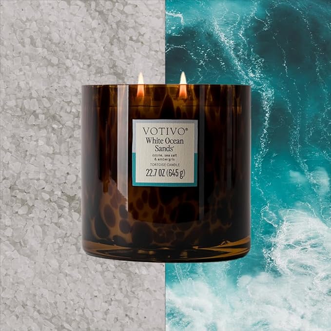 Votivo White Ocean Sands Tortoise Scented Candle | 22.7 oz Soy Wax Blend | Beach Scent | Decorative Home Decor Tortoiseshell Pattern | 100 Hour Burn Time