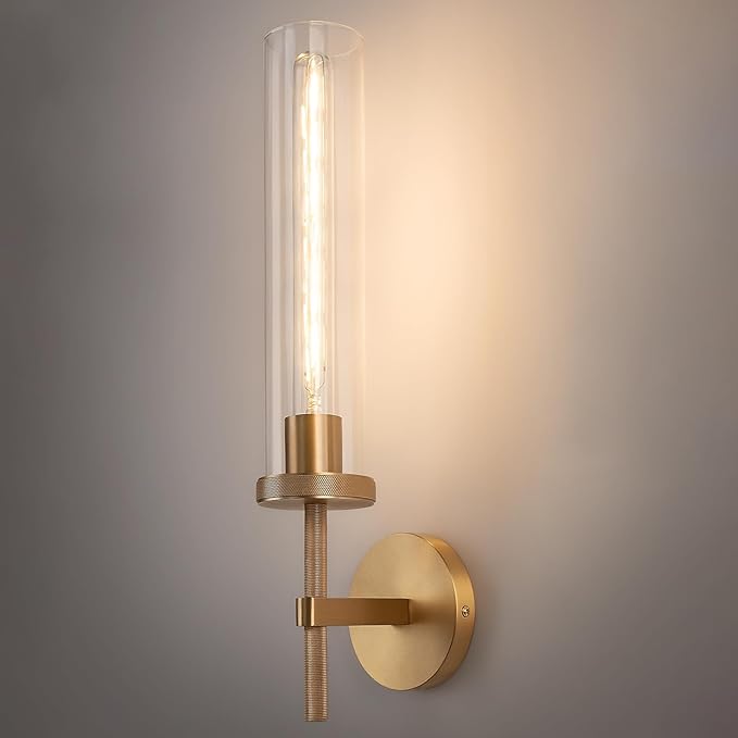 19.5" Knurled Brass Wall Sconce with Clear Glass Tube, Gold Bathroom Vanity Light Fixtures, Modern Lamp Lighting for Bedroom, Living Room, Hallway, Staircase, Mirror, Kitchen