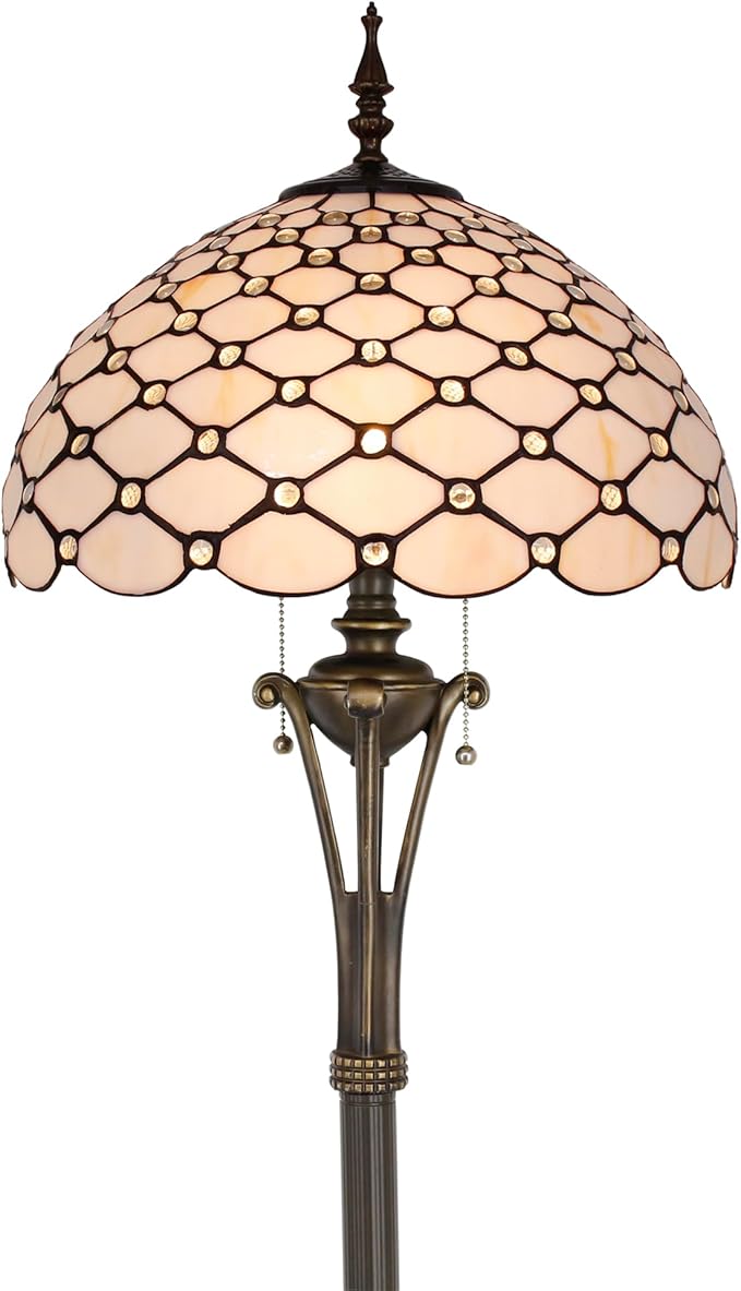 Tiffany Floor Lamp Cream Amber Bead Stained Glass Standing Reading Light 16X16X70 Inches Antique Pole Corner Lamp Decor Bedroom Office Living Room