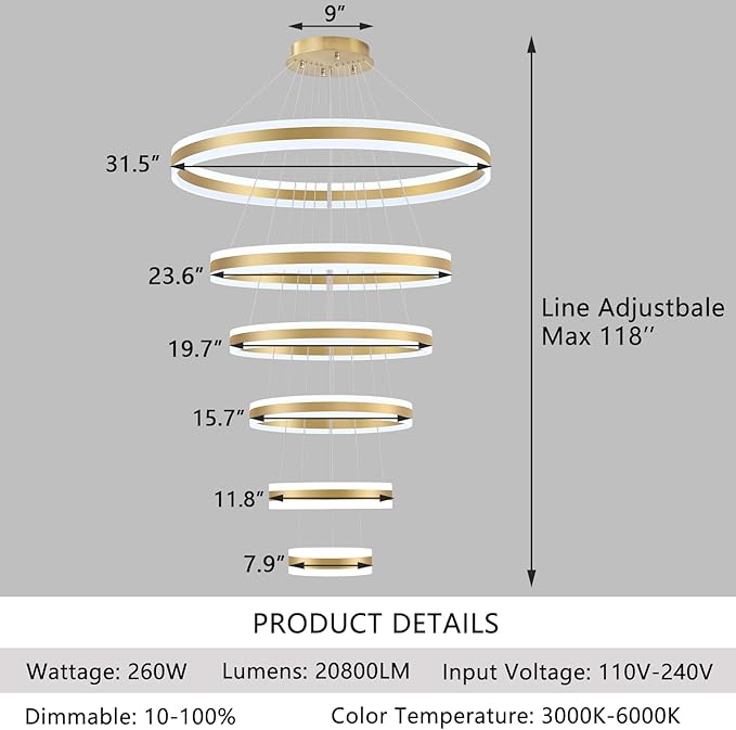 31.4'' Modern LED Chandelier Large Contemporary Chandeliers for Foyer 6-Rings Dimmable High Ceiling Chandeliers for Living Room Entrance Staircase 3000K-6000K